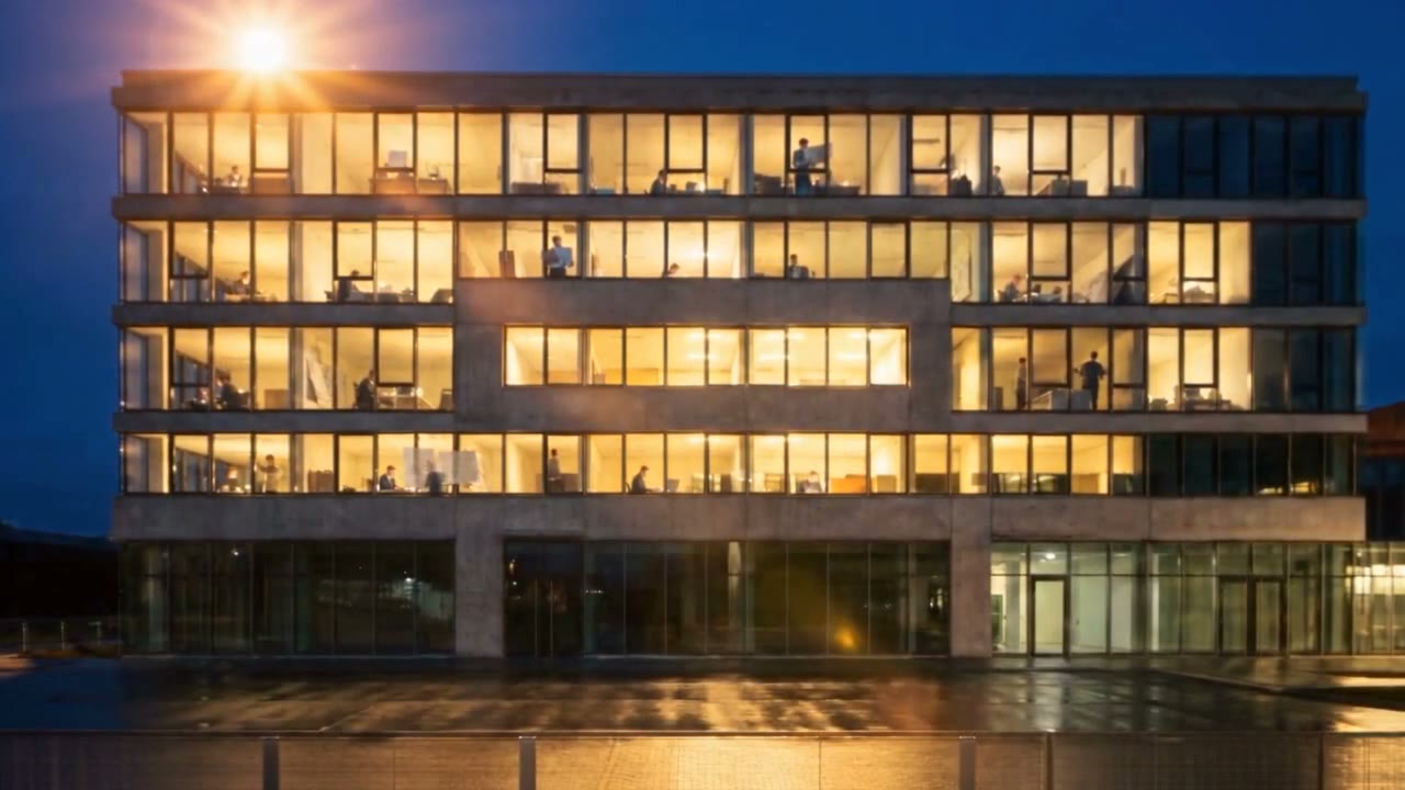 An office building at first light, every floor lit
