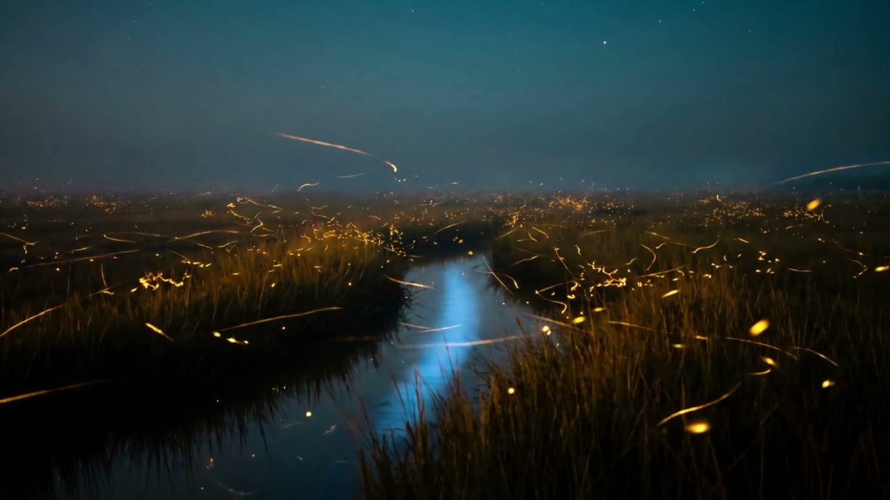 A tidal creek through the marsh at night, fireflies over the grass